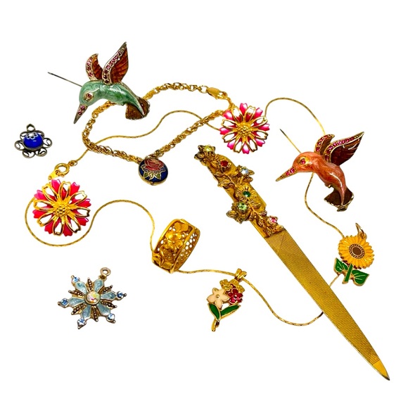 Vintage Floral Bird Parure Bezel Crystal Set Necklace Earrings Bracelet Ring Set - Picture 1 of 12
